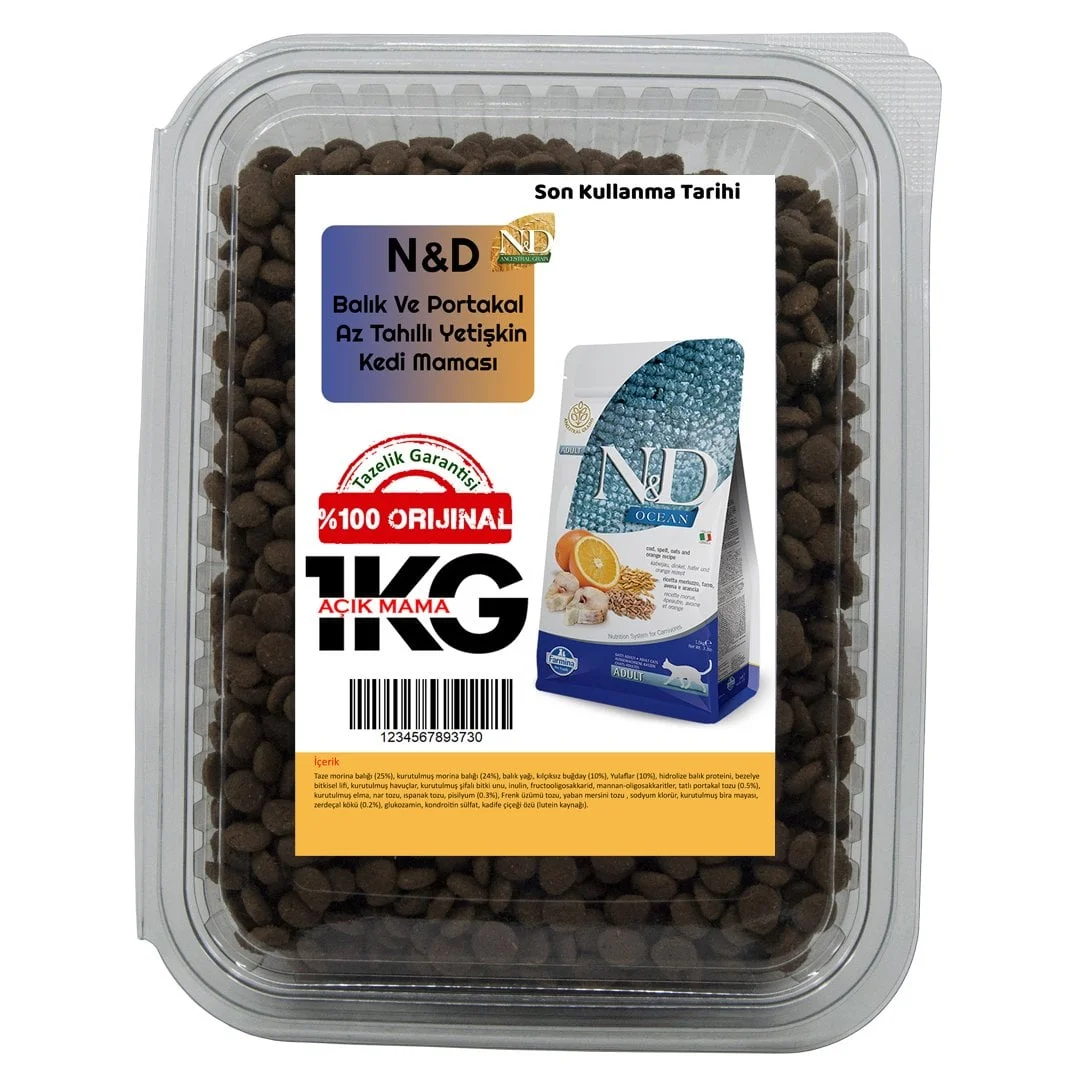 Nd Az Tahıllı Balıklı Portakallı Yetişkin Kedi Maması 1 Kg (AÇIK PAKET)